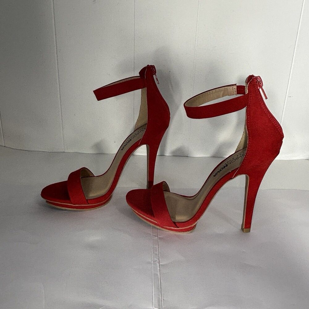Fashion Nova Red Heels Suede Strappy Stiletto Ankle Zip Strap Shoes Size 6 NEW